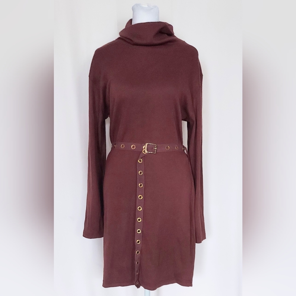 Missguided Roll Neck Belted Ribbed Mini Dress Brown Plus Size 14 NWT